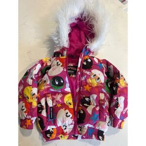 Members Only Looney Tunes Pink Puffer Jacket Faux‎ Fur Hood Kids 2T